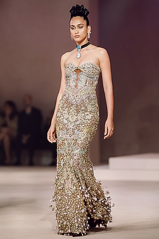 Brown Tulle Applique Embellished Strapless Corset Gown by Aisha Rao