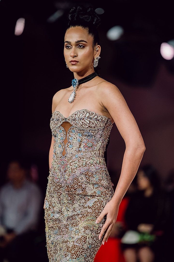 Brown Tulle Applique Embellished Strapless Corset Bridal Gown by Aisha Rao at Pernia's Pop Up Shop
