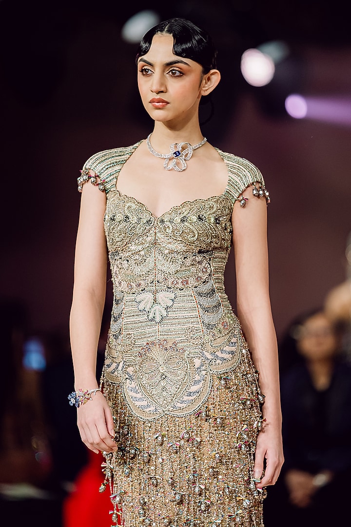 Champagne Sequins Tulle Applique Embellished Corset Bridal Gown by Aisha Rao at Pernia's Pop Up Shop