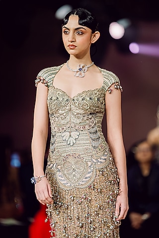 Champagne Sequins Tulle Applique Embellished Corset Gown by Aisha Rao