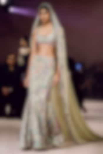 Beige Tulle Applique Embellished Fishtail Bridal Lehenga Set by Aisha Rao at Pernia's Pop Up Shop