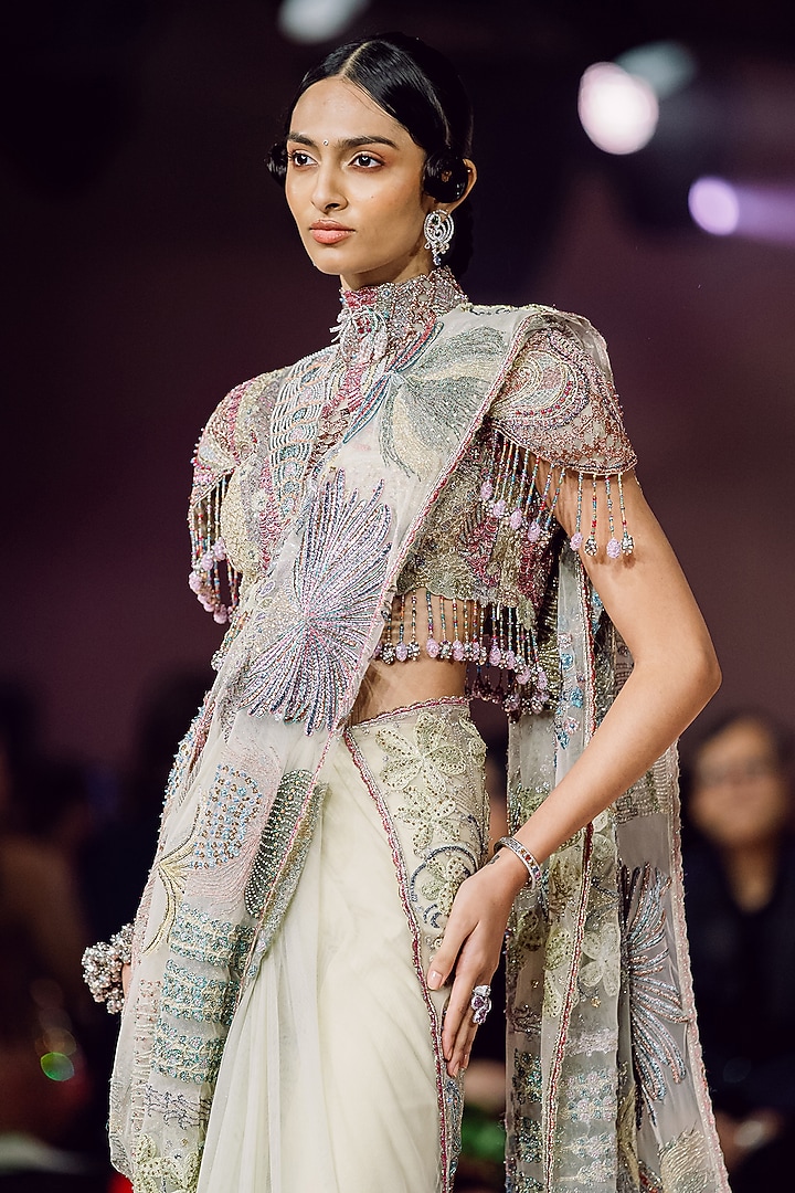 Ivory Tulle Applique Embellished Bridal Saree Set by Aisha Rao at Pernia's Pop Up Shop