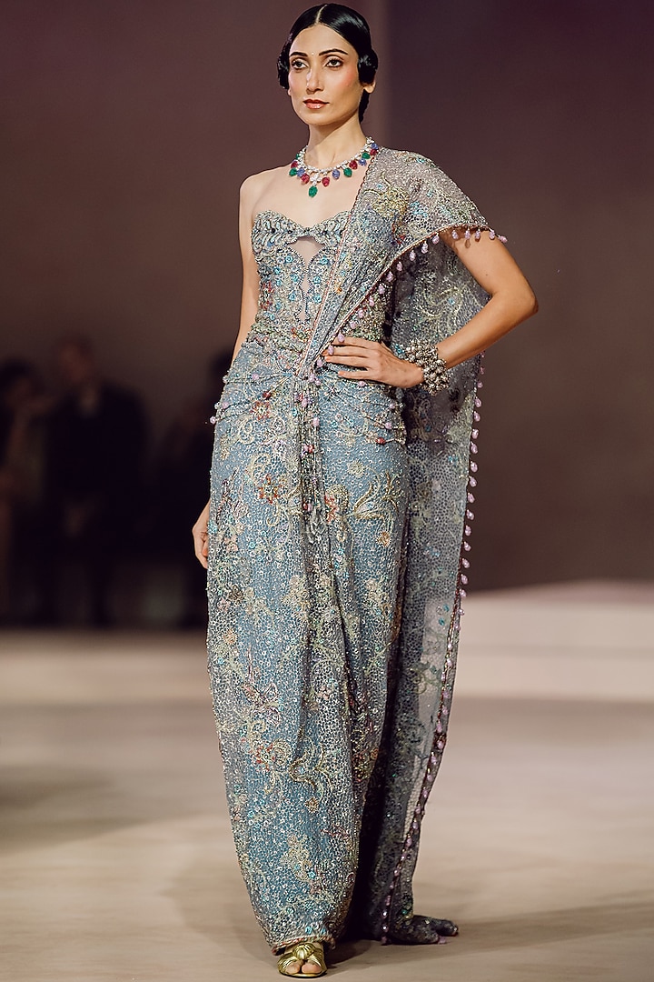 Blue Tulle Applique Embellished Draped Bridal Saree Set by Aisha Rao at Pernia's Pop Up Shop