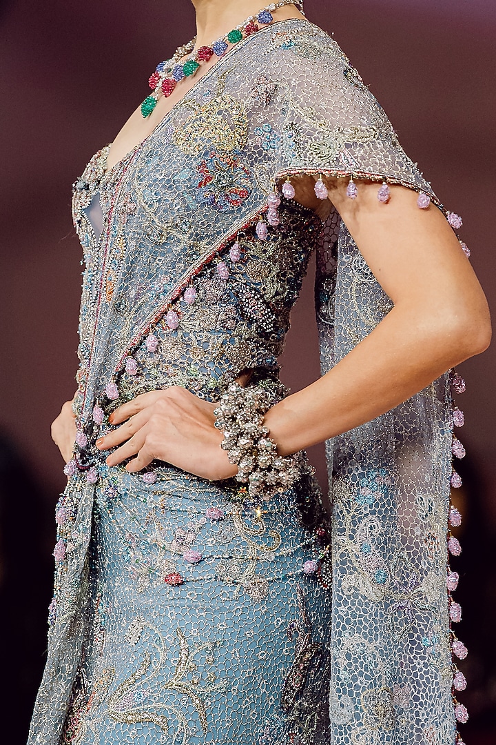 Blue Tulle Applique Embellished Draped Bridal Saree Set by Aisha Rao at Pernia's Pop Up Shop
