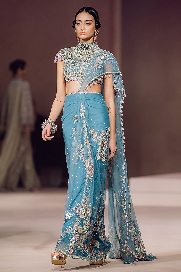 Blue Tulle Applique Embellished Draped Bridal Saree Set by Aisha Rao at Pernia's Pop Up Shop