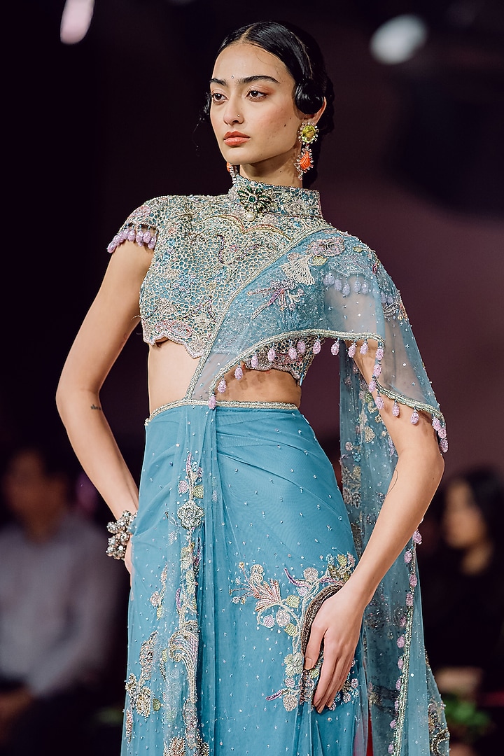 Blue Tulle Applique Embellished Draped Bridal Saree Set by Aisha Rao at Pernia's Pop Up Shop