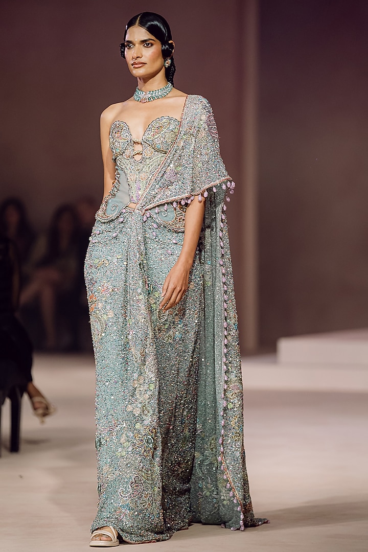 Blue Sequins Tulle Applique Embellished Draped Bridal Saree Set by Aisha Rao at Pernia's Pop Up Shop