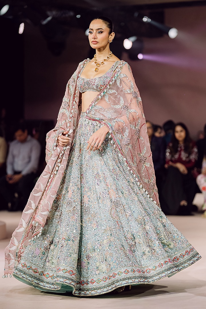Blue & Pink Tulle Applique Embellished Bridal Lehenga Set by Aisha Rao at Pernia's Pop Up Shop