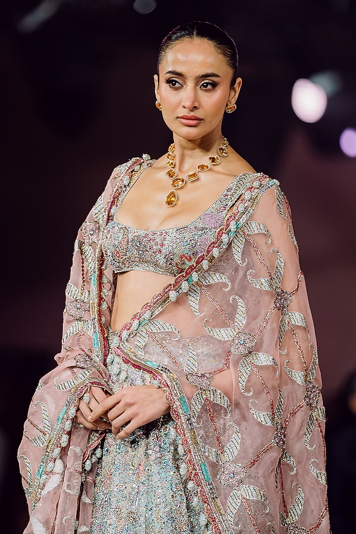 Blue & Pink Tulle Applique Embellished Bridal Lehenga Set by Aisha Rao at Pernia's Pop Up Shop