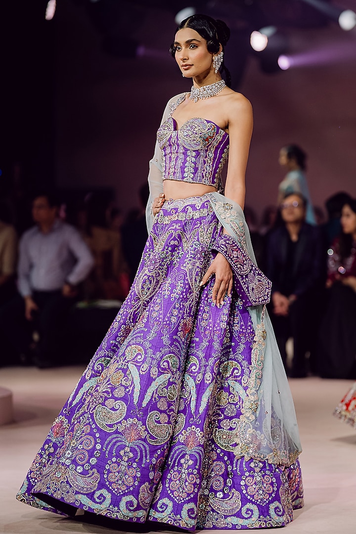 Purple Raw Silk Applique Embellished Bridal Lehenga Set by Aisha Rao at Pernia's Pop Up Shop