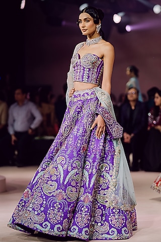 Purple Raw Silk Applique Embellished Lehenga Set by aisha rao
