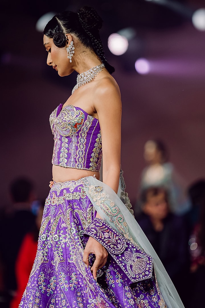 Purple Raw Silk Applique Embellished Bridal Lehenga Set by Aisha Rao at Pernia's Pop Up Shop
