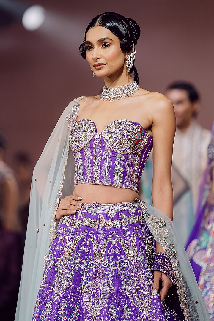 Purple Raw Silk Applique Embellished Bridal Lehenga Set by Aisha Rao at Pernia's Pop Up Shop