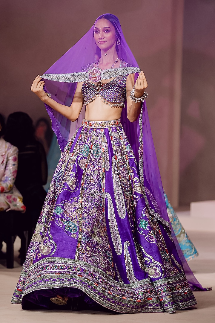 Purple Raw Silk Applique Embellished Bridal Lehenga Set by Aisha Rao at Pernia's Pop Up Shop