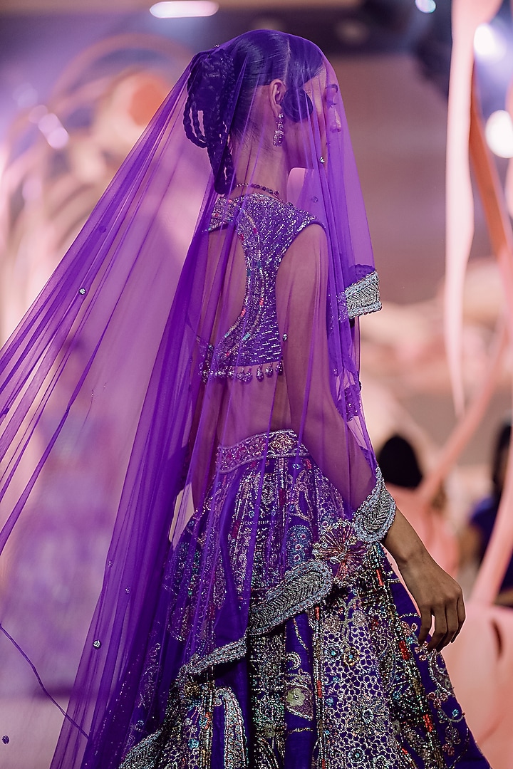 Purple Raw Silk Applique Embellished Bridal Lehenga Set by Aisha Rao at Pernia's Pop Up Shop
