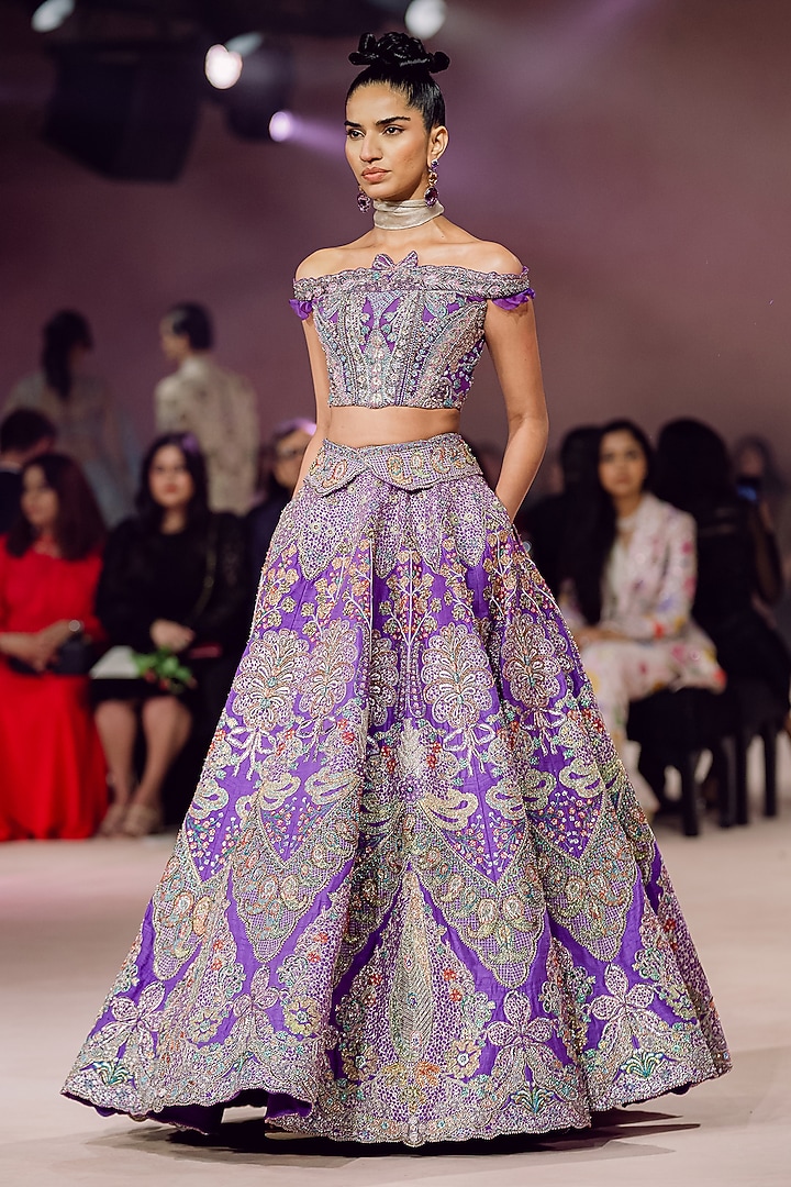 Purple Raw Silk Applique Embellished Bridal Lehenga Set by Aisha Rao at Pernia's Pop Up Shop