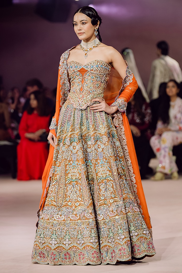 Orange Mesh Fabric Applique Embellished Bridal Lehenga Set by Aisha Rao at Pernia's Pop Up Shop