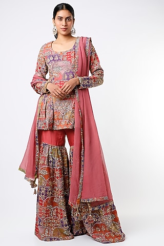 Peach Printed Sharara Set by Aisha Rao