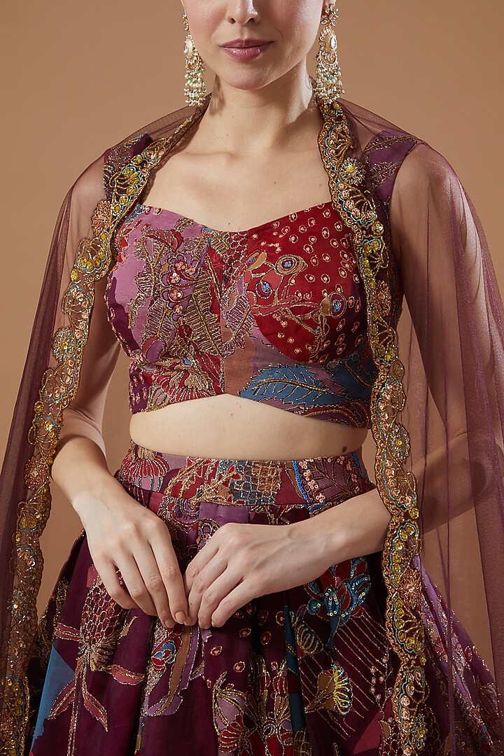 Plum Printed & Embellished Bridal Lehenga Set by Aisha Rao at Pernia's Pop Up Shop