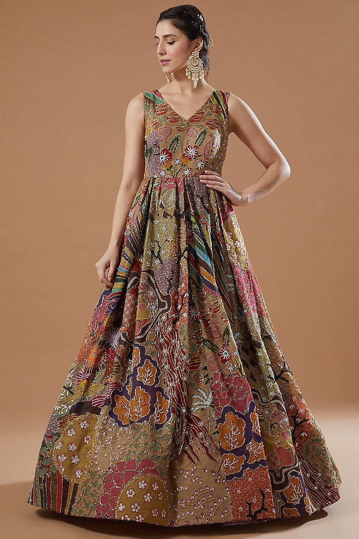 Peach Printed & Embellished Gown by Aisha Rao