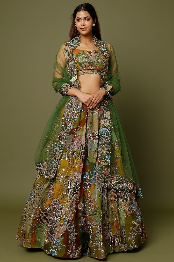 Floral Olive Green Tier Lehenga Set main image 1