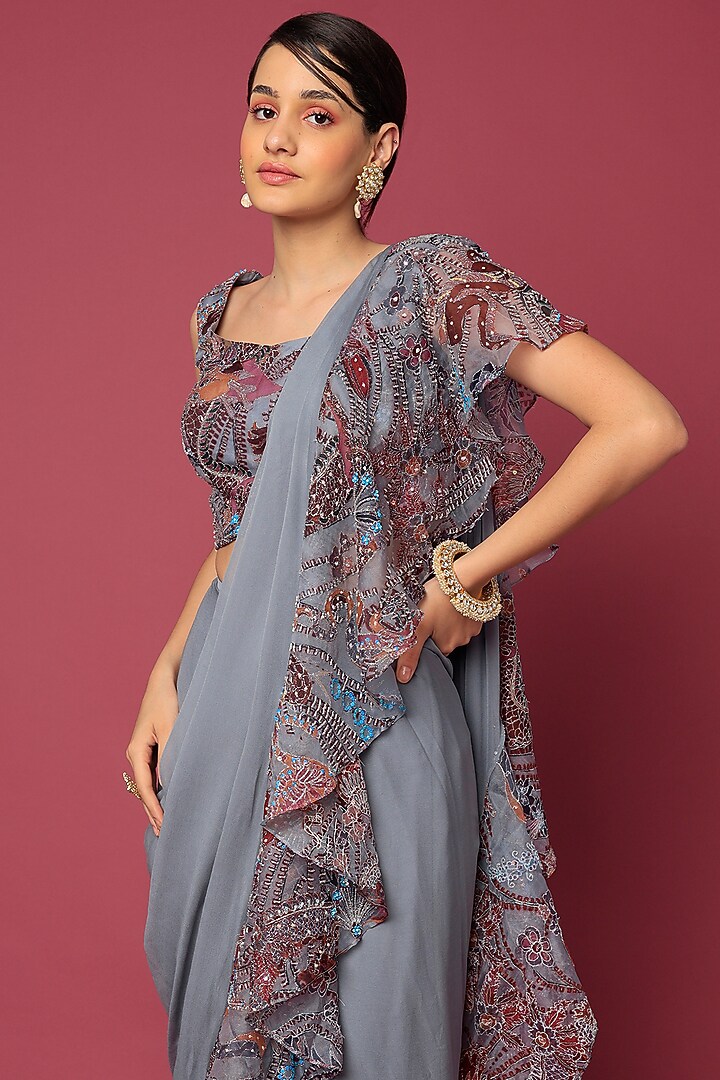 Grey Printed Ruffle Reception Saree Set by Aisha Rao at Pernia's Pop Up Shop