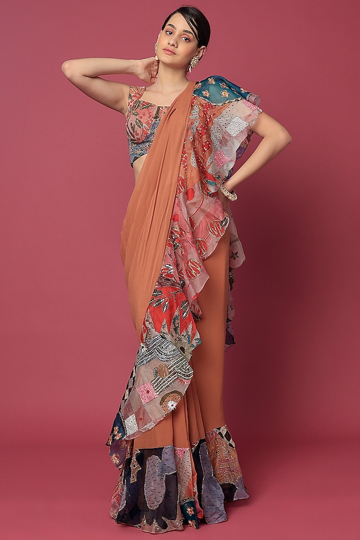 Orange Printed Saree Set by Aisha Rao