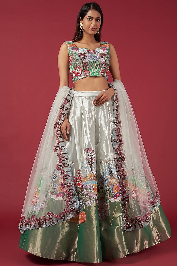 Ivory & Green Tissue Embellished Bridal Lehenga Set by Aisha Rao at Pernia's Pop Up Shop