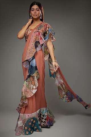 Orange Organza Printed & Embellished Saree Set by Aisha Rao