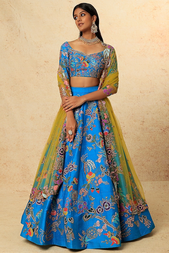 Cyan Blue Embellished Bridal Lehenga Set by Aisha Rao at Pernia's Pop Up Shop