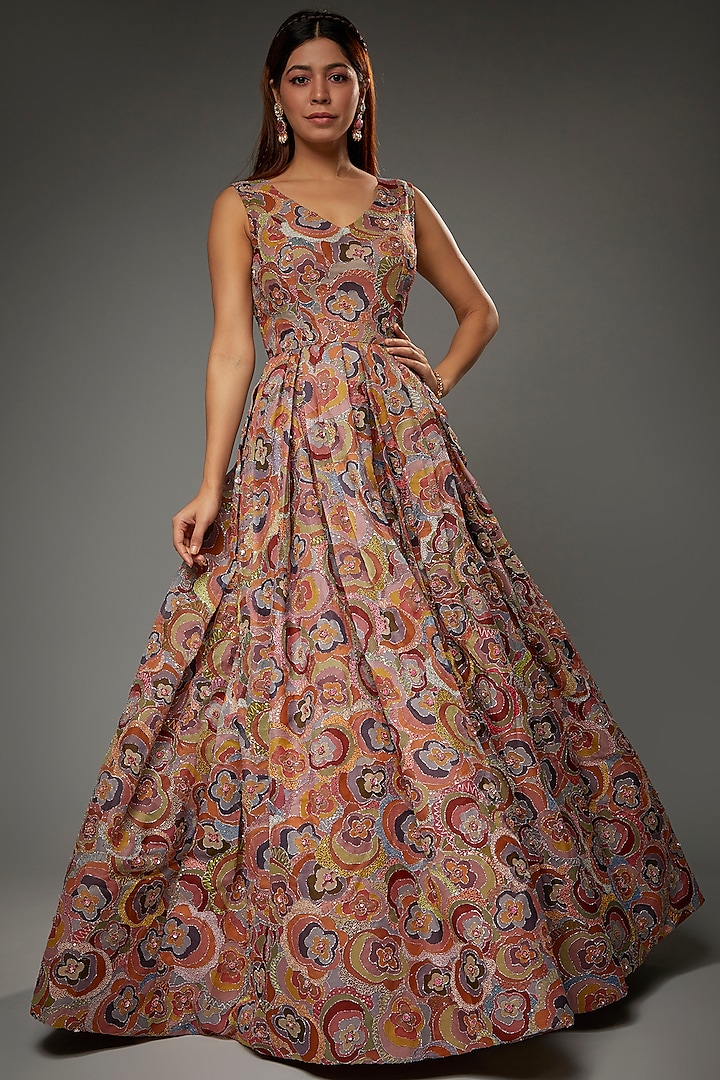 Peach Rose Organza Printed & Embellished Gown by Aisha Rao