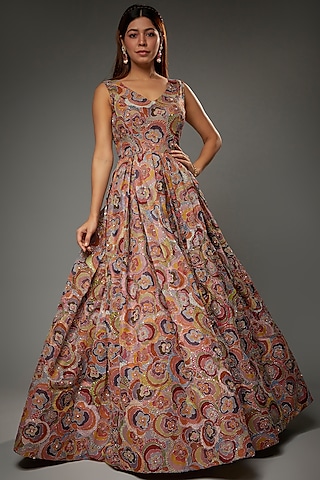 Peach Rose Organza Printed & Embellished Gown by Aisha Rao