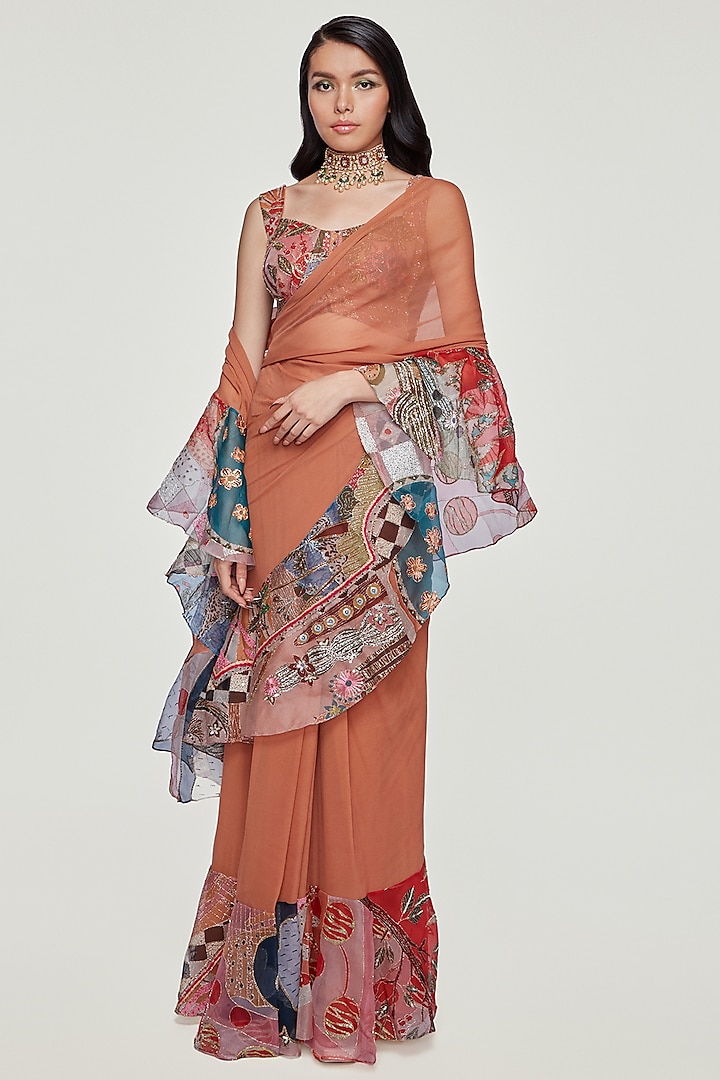 Orange Printed & Embellished Saree Set by Aisha Rao