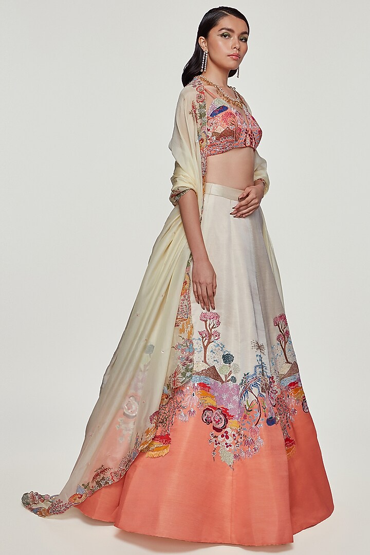 Ivory & Peach Satin Bridal Lehenga Set by Aisha Rao at Pernia's Pop Up Shop