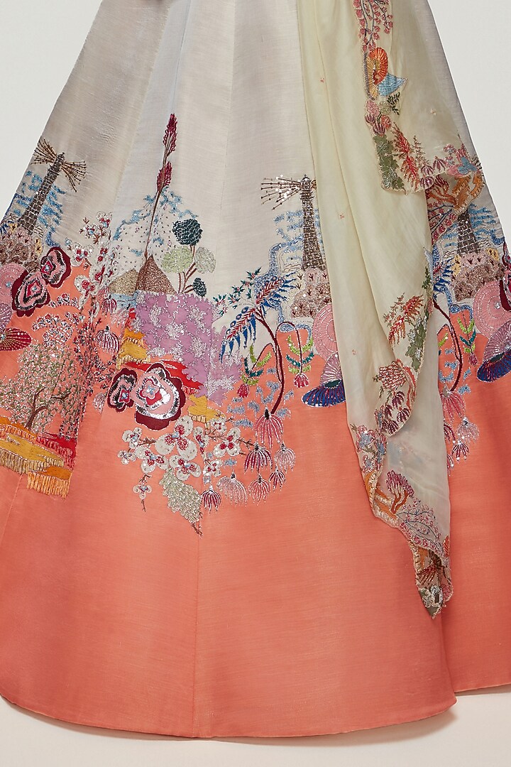 Ivory & Peach Satin Bridal Lehenga Set by Aisha Rao at Pernia's Pop Up Shop