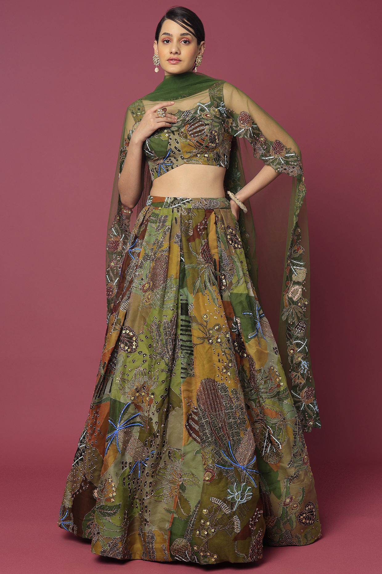 Olive Green Printed Bridal Lehenga Set by Aisha Rao at Pernia's Pop Up Shop