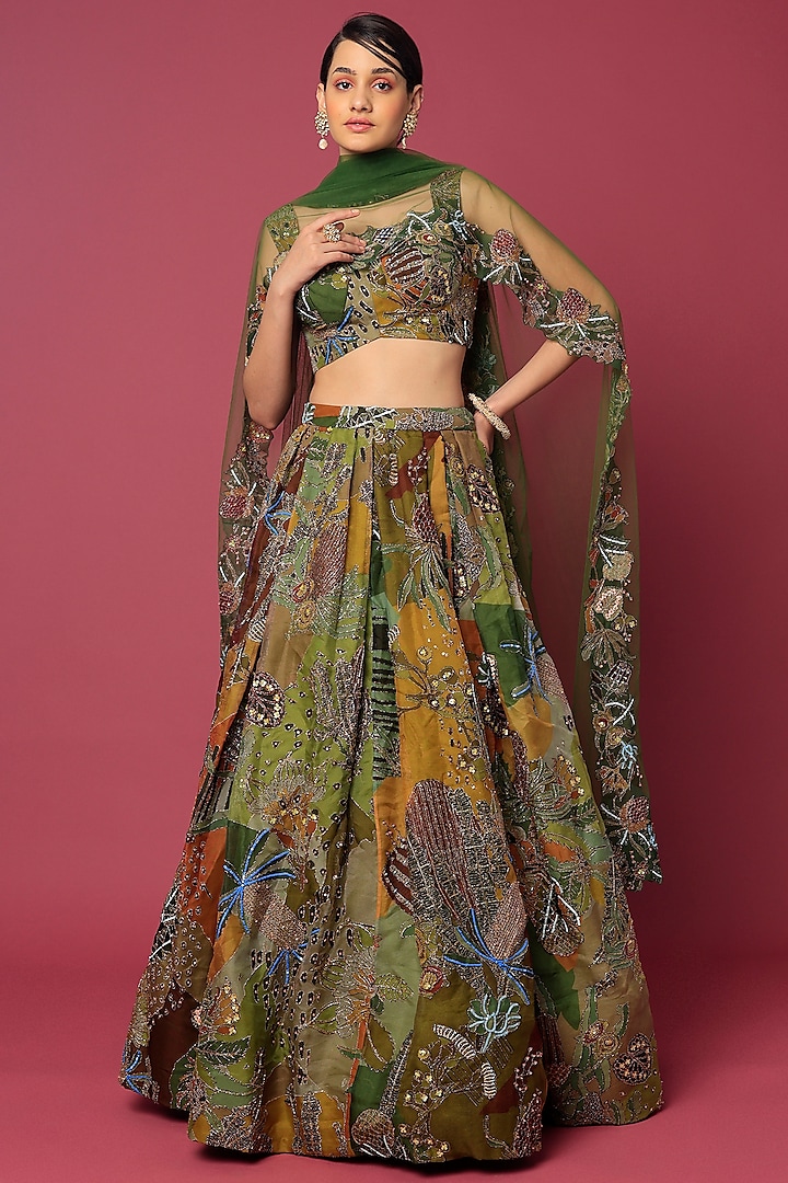 Olive Green Printed Bridal Lehenga Set by Aisha Rao at Pernia's Pop Up Shop