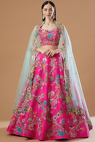 Fuchsia Silk Embellished Lehenga Set by Aisha Rao