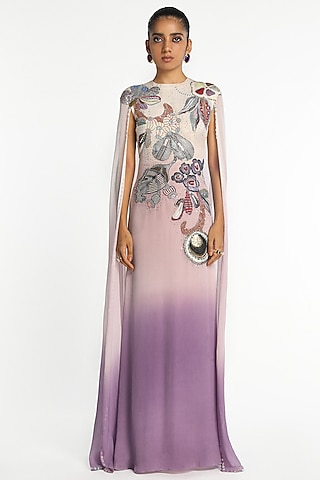 Mist Purple Ombre Chiffon Applique Embellished Gown by Aisha Rao