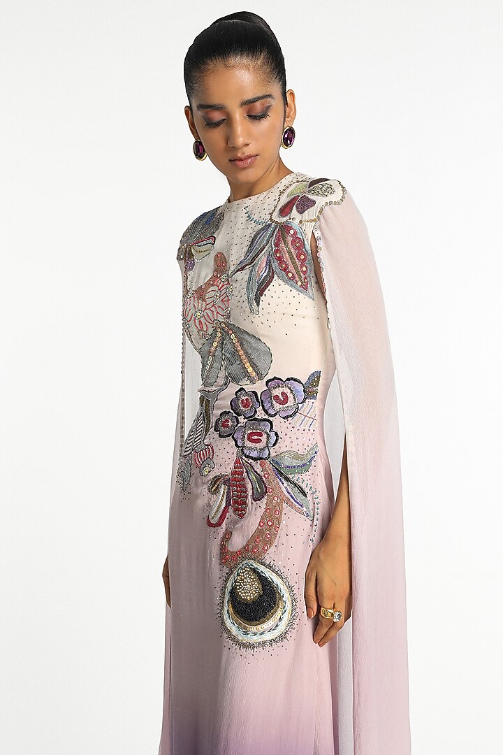 Mist Purple Ombre Chiffon Applique Embellished Wedding Gown by Aisha Rao at Pernia's Pop Up Shop