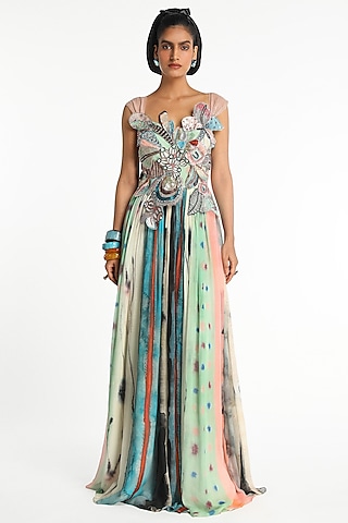 Aurora Cupro 3D Floral Embellished Gathered Skirt Gown by Aisha Rao