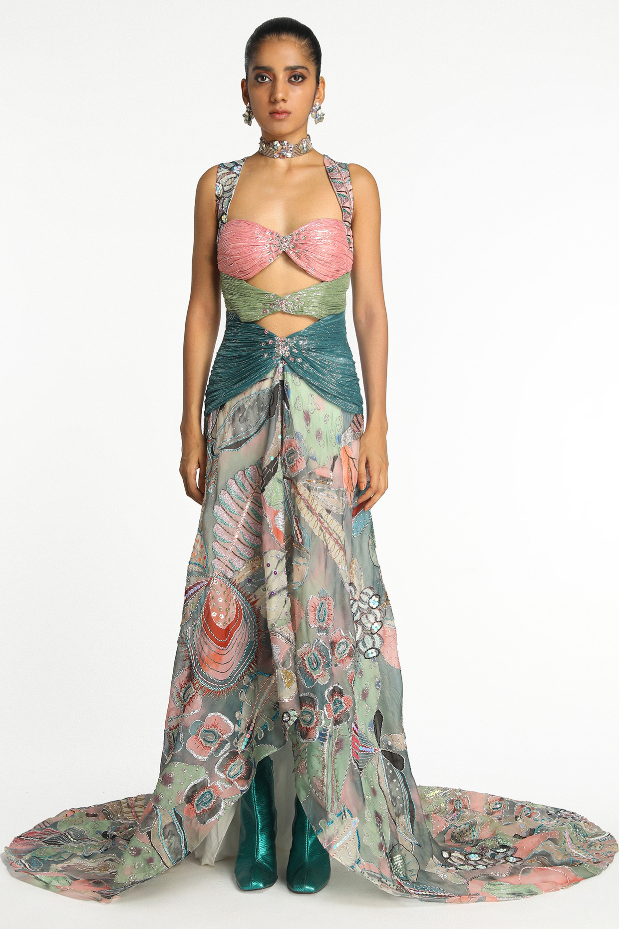 Aurora Organza Printed & Embellished Gathered Wedding Gown by Aisha Rao at Pernia's Pop Up Shop