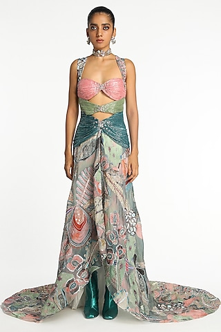 Aurora Organza Printed & Embellished Gathered Gown by Aisha Rao