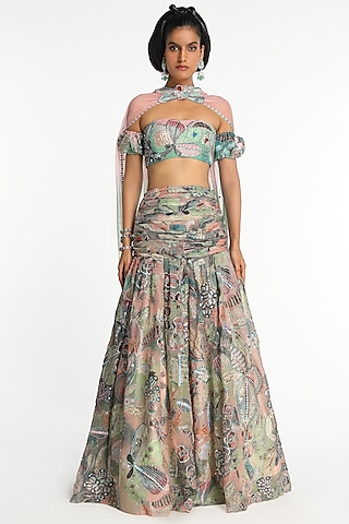Aurora Organza Printed Gathered Skirt Set by Aisha Rao