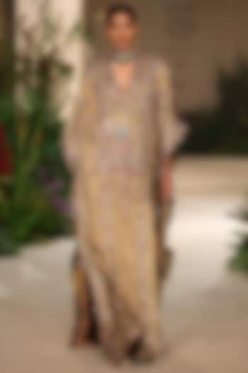 Golden Banarasi Tissue Brocade Applique Embellished Kaftan by Aisha Rao at Pernia's Pop Up Shop