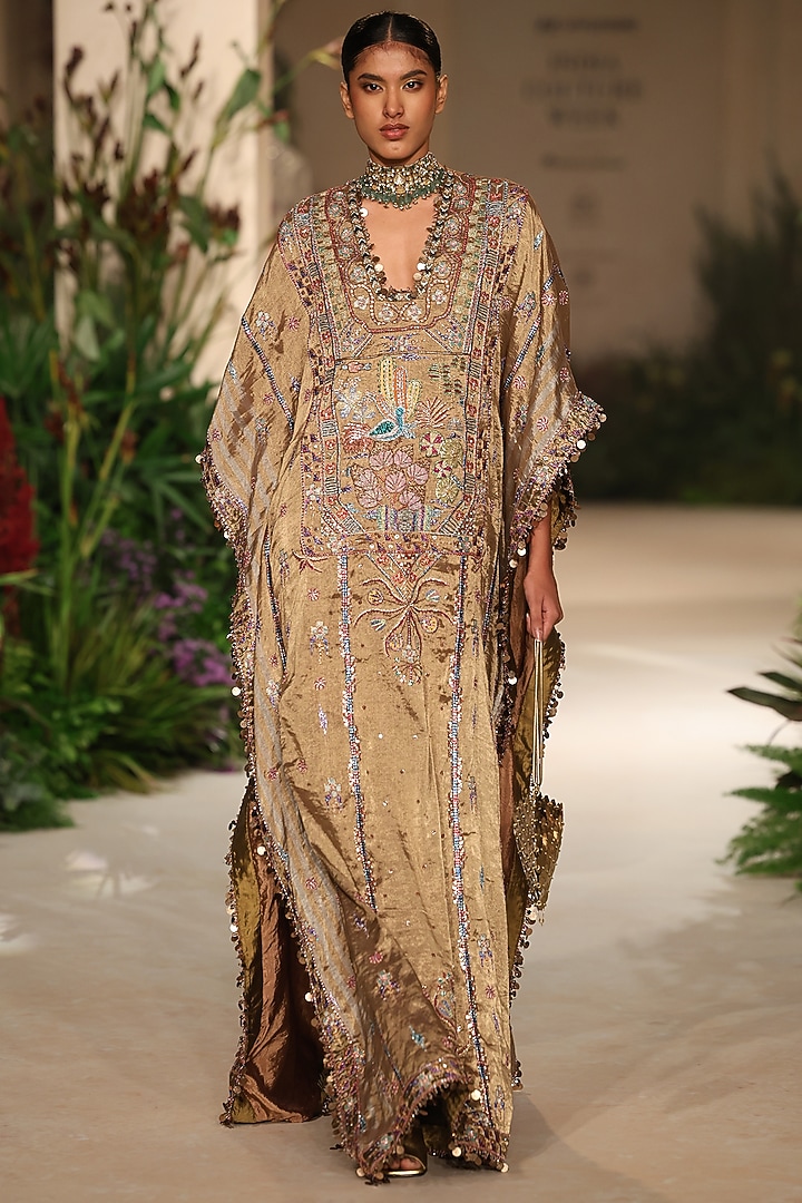 Golden Banarasi Tissue Brocade Applique Embellished Kaftan by Aisha Rao at Pernia's Pop Up Shop