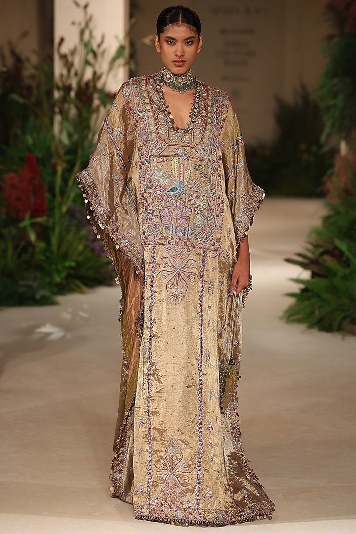 Golden Banarasi Tissue Brocade Applique Embellished Kaftan by Aisha Rao at Pernia's Pop Up Shop