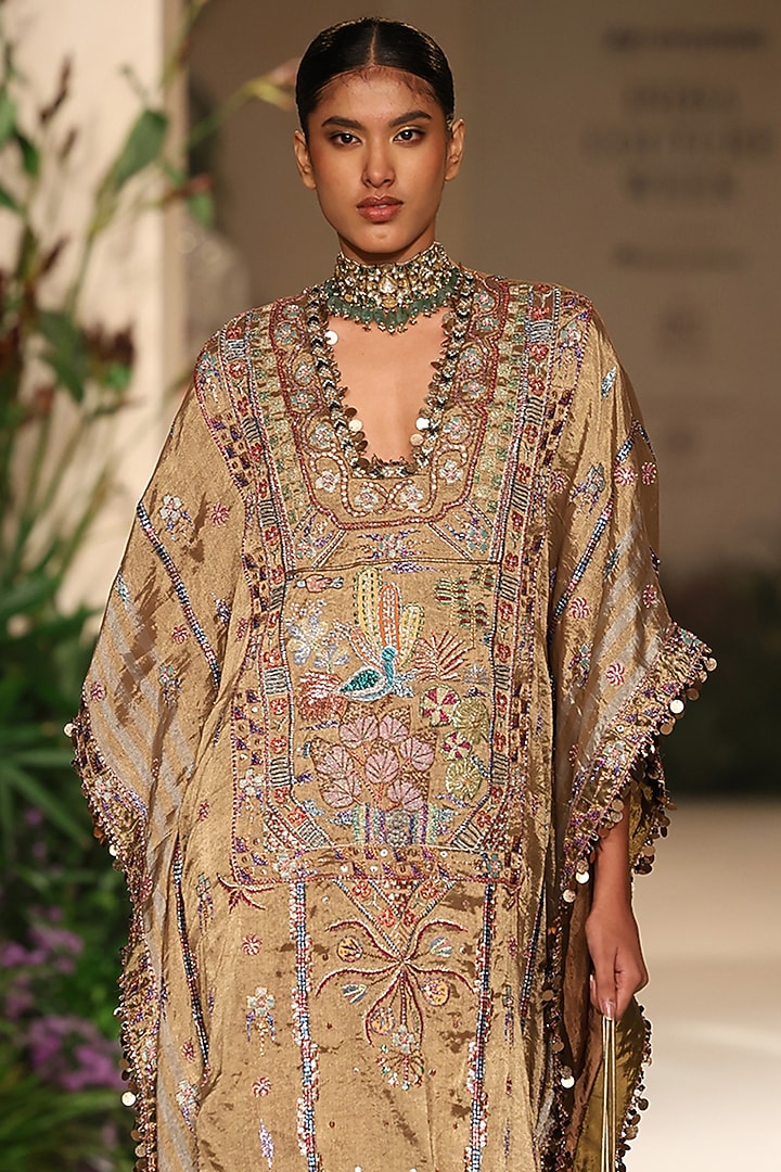 Golden Banarasi Tissue Brocade Applique Embellished Kaftan by Aisha Rao at Pernia's Pop Up Shop