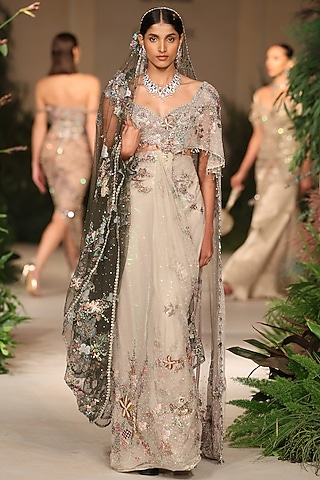 Ivory Tulle Applique Embellished Pre-Draped Saree Set by Aisha Rao