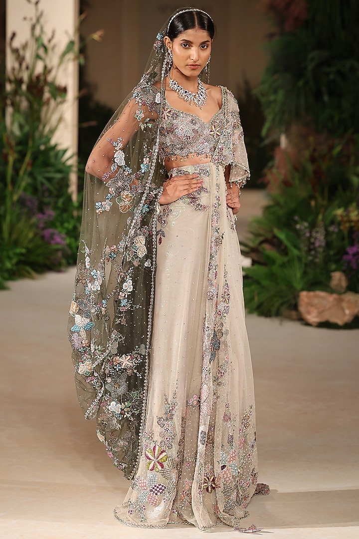 Ivory Tulle Applique Embellished Pre-Draped Bridal Saree Set by Aisha Rao at Pernia's Pop Up Shop
